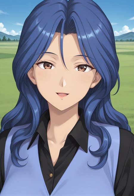 kuon_saya, brown eyes, blue hair, long hair, mature female, blue vest, black shirt, l <lora:kuon_saya_illustrious_ver1:0.8> 
smile,, 1girl, solo, blue sky, (grasslands:1.2), looking at viewer,, masterpiece, best quality, general,, (upper body:1.2), (close-up:1.2), (facing viewer:1.2), (open eyes:1.4), (portrait:1.2)