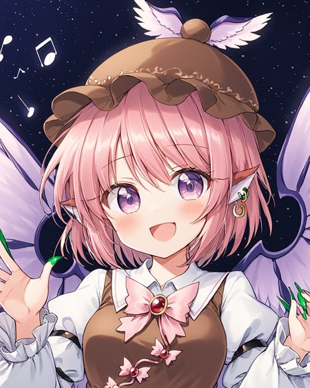 mystia lorelei,1girl, green_nails, solo, open_mouth, eighth_note, nail_polish, brown_headwear, brown_dress, beamed_eighth_notes, bird_wings, white_wings, smile, traditional_media, blush, long_sleeves, winged_hat, long_fingernails, upper_body, quarter_note, sharp_fingernails, hat, single_earring, upper_teeth_only, puffy_sleeves, beamed_sixteenth_notes, frilled_sleeves
<lora:mystia_lorelei_image8444_2023-12-14-000007:1>,star-shaped_pupils,symbol-shaped_pupils,. gorgeous,key visual, vibrant, studio anime,award-winning, professional, highly detailed,high budget, cinemascope