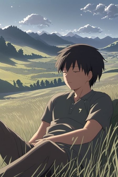 high resolution, solo, best quality, 1Boy, Takaki Toono, Brownish Hair, Brown Eyes, sleep, nap, grass, meadow hills, wind breeze, OverallDetail