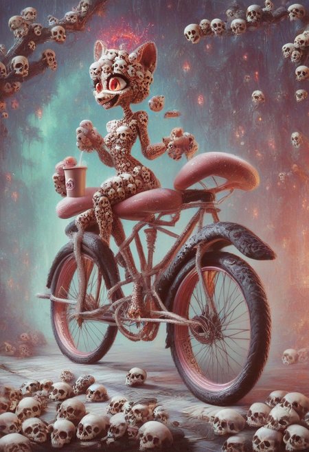 score_9, score_8_up, score_7_up, score_6_up, score_5_up, score_4_up,  A playful, anthropomorphic coffee cup  made with skulls with big eyes and a grin, riding a bicycle on a path lined with donuts, illustration in the style of BRSH