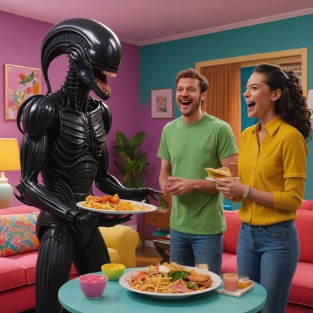a highly color saturated vibrant screenshot of an episode of a sitcom starring a silly xenomorph laughing in a colorful living room while a man and woman are carrying a plate of food