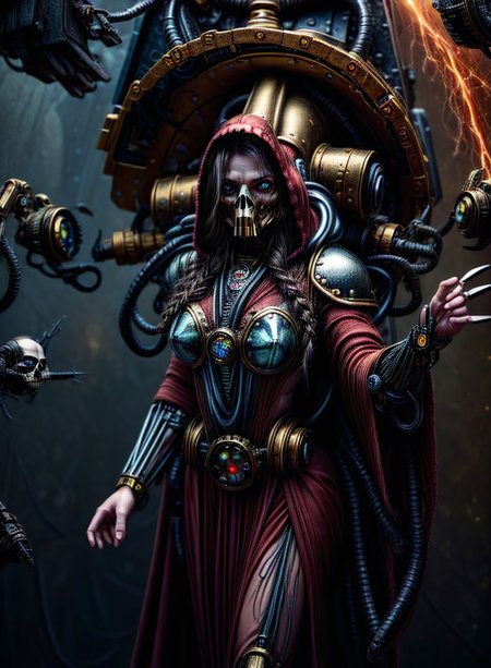 posing for camera,hyperrealistic,absres,8k,wallpaper art,
warhammer 40k,(25 year old woman, alternate hair color absurdly long hair french braid, blue eyes ,sigh) (skull, tube, science fiction, mask, extra arms, hood, robe, glowing eyes, mechanical arms,extra mechanical arms, steampunk, armor, techno-cultist hood)),best quality,detailed skin,metal reflecting light,techpriest,<lora:techpriest:1.4>,
8k uhd,dslr,harsh lighting,high quality,film grain,Fujifilm XT3,highly detailed background,sharp focus,detailed,extremely detailed,extremely intricate,illuminated by electric sparks:1.2,cinematic lighting,((detailed scenery, intricate scenery, inside spaceship,sparks, cables),,,,<lora:EnhancedDetail:0.5>,,,,,,,<lora:detail_slider_v4:0.9>,,,,,,,<lora:add_detail:0.7>,,,,,,,<lora:bloodvessel:0.5>,,,,,,,<lora:more_details:1>,,,,,<lora:MechanicusStyleAIp:1>,,,