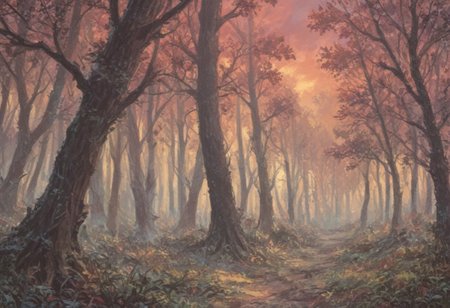 score_9, score_8_up, score_7_up, score_6_up, lanscape, very Peaceful, forest, large and tall trees, giant forest, sunset central focus is an ancient old oak tree