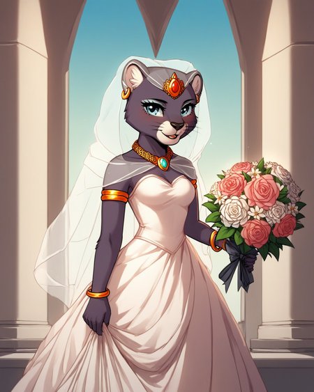 score_9,score_8,score_7,source_furry,
<1girl:1.5>,
<solo:1.5>,
princess_romy, romy_panther,jewel,panther, lion ears, bald, hairless, veil,
<lora:Princess_Romy_Pony_SDXL:1> princess_romy,, dress,
wedding dress,
Wedding,
necklace,
chocker,
bracelets,
<white dress:1.5>,
gold,
silver,
holding flowers,
bouquet,