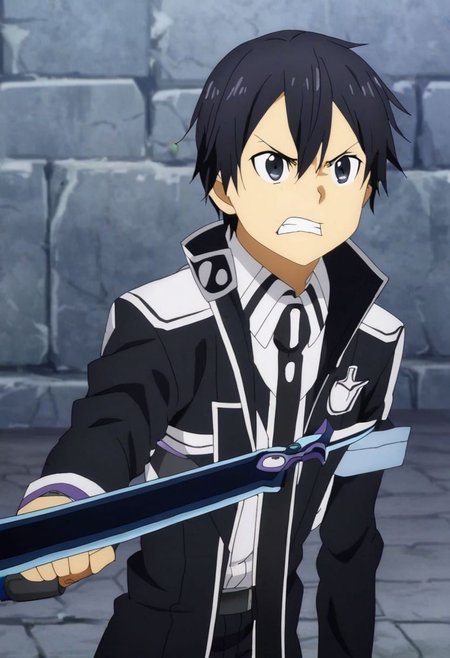 high resolution, professional photography, best quality, 1Boy, Kazuto Kirigaya, Black Hair, Black Eyes, dual sword, angry, OverallDetail