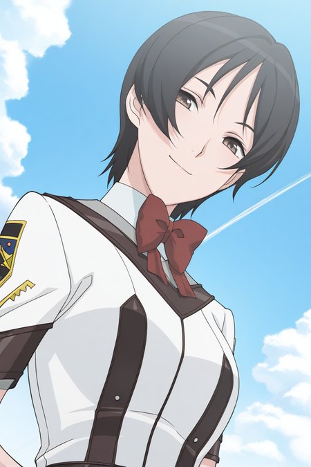 masterpiece, best quality, source_anime,official art,perfect_anatomy,1girl,1girl,Motoko_Hara,black_hair,short_hair,school_uniform,( beautiful detailed face,looking_at_viewer,smile),upper_body,day,blue_sky,cloud, from below