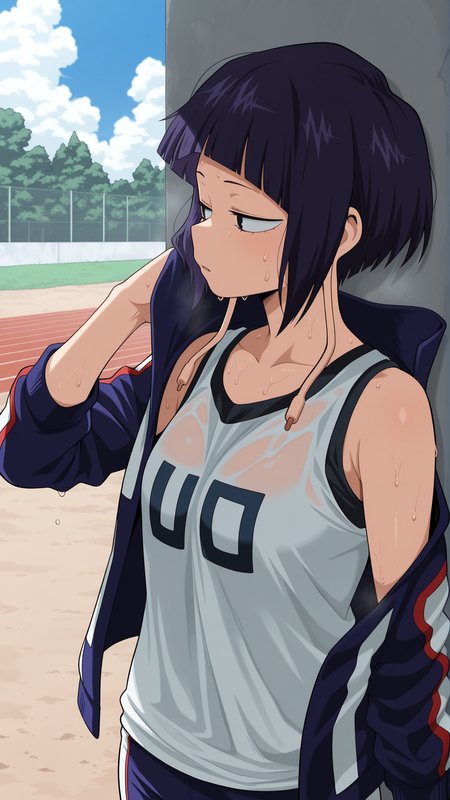 masterpiece, best quality, absurdres, amazing quality,  1girl, solo, <lora:IlluJirou:1> illujiro, short hair, bangs, long earlobes, purple hair, black hair, black eyes, u.a. gym uniform, outdoors, sweat, hot,open jacket, tank top,