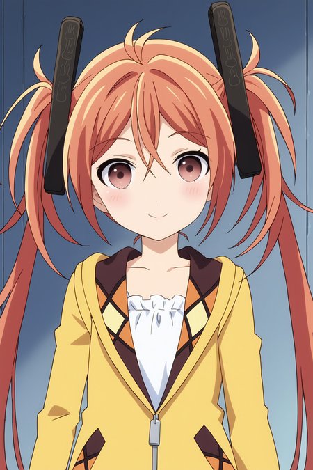 score_9, score_8_up, score_7_up, source anime, prefect lighting, very aesthetic, BREAK, anime screencap, anime coloring,
<lora:aihara_enju_v1-pony6:0.9>, 1girl, aihara enju, black bullet, orange hair, long hair, flat chest,  twintails, hair ornament, enjuout,,
BREAK, looking at viewer, light smile, blush, portrait, 
BREAK,