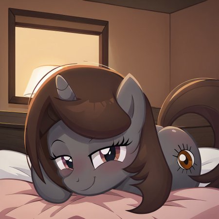 masterpiece, best quality, perfect detail, score_9, score_8_up, score_7_up, rating_suggestive, 1girl, source_cartoon, oc:sonata, pony, G4, female, show accurate, (inside bedroom), bed, on bed, solo, sexy, tail, lying on bed, night, butt, butt sticking out, exposed butt, ass up face down, 1/4 view, in heat, looking at you, smiling, closed mouth, lidded eyes, head facing you, head on