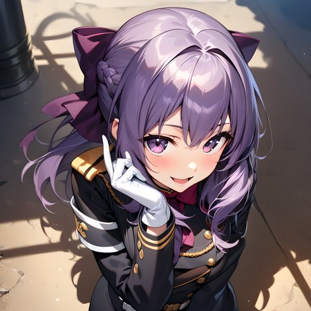 (masterpiece),(best quality),(ultra-detailed),(best illustration),(best shadow),(absurdres),(detailed background),(very aesthetic),  hiiragi_shinoa, 1girl, solo, purple hair, gloves, open mouth, bow, uniform, white gloves, smile, long hair, military uniform, military, hair bow, purple eyes, looking at viewer, smile, <lora:Shinoa:1>