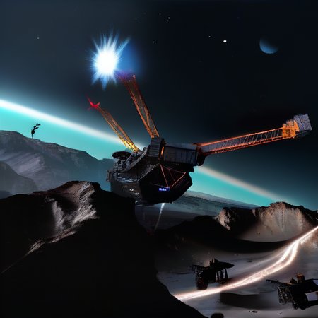 In the mining operation within Odysset's rings, massive platforms and interconnected structures sprawl across the cosmic expanse. Bright floodlights cut through the darkness, revealing workers clad in rugged space suits maneuvering among towering cranes and robotic arms. Transport vessels dart back and forth against the backdrop of the star-studded void, ferrying payloads of ore to processing facilities stationed on nearby asteroids. The scene is a symphony of activity amidst the celestial silence, with the distant glow of the planet Odysset providing a serene backdrop to the bustling industrial operation., BREAK, (sci-fi, futuristic, space, asteroid:1.4), BREAK, <lora:detailed_notrigger:1>,   <lora:Expanse_Science_Fiction_Comic_Style_SDXL:1> expnscom