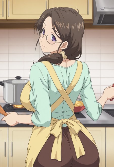 1girl,solo,mm,mature female,long hair,glasses,brown hair,purple eyes,large breasts,anime coloring,
shirt,skirt,apron,back,from behind, kitchen, cooking, looking back, looking at viewer, smile,
,masterpiece,best quality,amazing quality,<lora:Mamiya_Mifuyu_-_Kyonyuu_Kazoku_Saimin-IL:0.8>