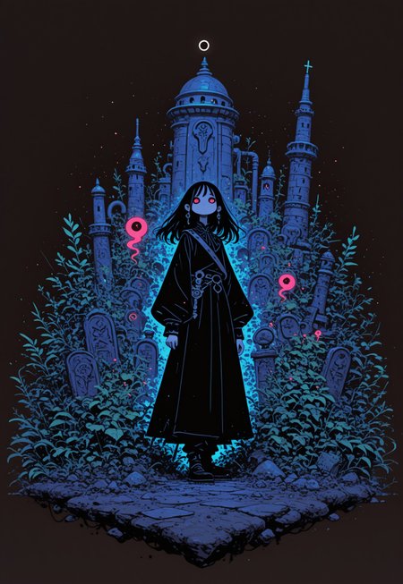highres, very detailed, amazing quality, masterpiece,
very aesthetic, RBL-Illu, Flatline, Flat vector illustration,
particle effect, Cinematic, (flat lighting, flat color, flat design, no lineart:1),
In center of the picture a mage in renaissance clothes holding up black circle in bold lines intersected by a thick lines, Gnostic symbols, symmetrical, In the background: An enormous city sprawl with stone towers reaching for the stars, Under the Gods that rules the Human civilization, bright sunlight under a pitch black sky. in the front a mysterious woman, slick clothes with long sleeves and wide pants,(secretive face, long hair, pale skin)