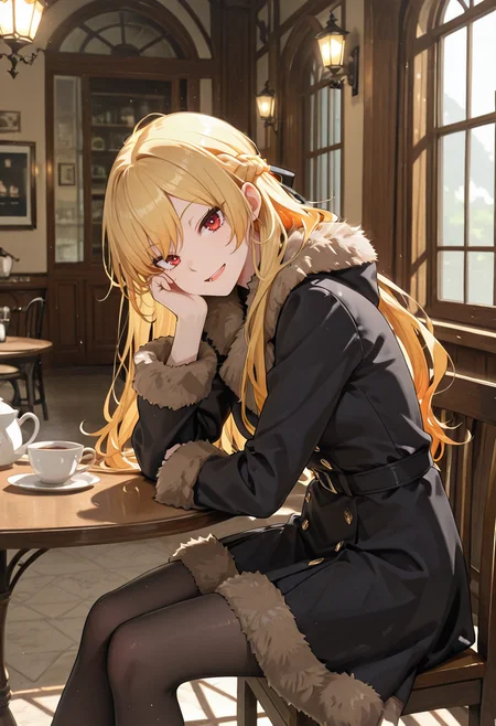 1girl, solo, anime coloring, anime artwork, unholy-aesthetic, masterpiece, best quality, newest, absurdres, highres, safe, CG, cinematic lighting, natural shadow, highest detail, detailed background, intricate scenery, depth of field, insane details, intricate, subsurface scattering, very aesthetic, serene atmosphere, artistic rendering, dramatic contrast, luminous elements, soft painterly texture, striking visual design, finely detailed face, beautiful face, from side, head tilt, looking at viewer,
cafe, coffee, cup,
sitting, hand resting on cheek, grin,
<lora:kaelaIL:0.45> kaelaIL, long hair, french braid, blonde hair, red eyes, tsurime,
<lora:VintageFurTrimCoatILL:1> fur trim,  fur-trimmed coat, coat, pantyhose