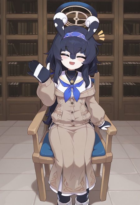 masterpiece, curly ears, stubby tail, dark blue skin, ui kozeki(blue archive), clothed, waving at viewer, smiling, sitting in chair,  library background,