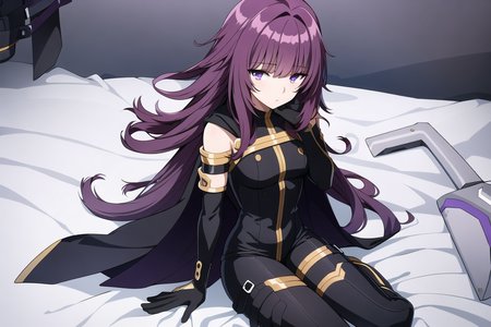 masterpiece, best quality, 1 girl, <lora:etaTheEminenceIn_etaV1:0.6>, bangs, black footwear, bodysuit, cape, full body, long hair, pants, purple hair, purple eyes, lying on bed