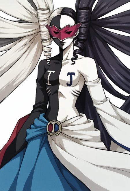 score_9, score_8_up, score_7_up, source_anime, BREAK <lora:zs_FE9PortraitsXL:1> fe9portraits, solo, cowboy shot, simple background, 1girl, <lora:zs_PriestessXL:1> thepriestessp3, colored skin, black skin, white skin, multicolored hair, black hair, white hair, very long hair, drill hair, twintails, mask, blue skirt, j, b