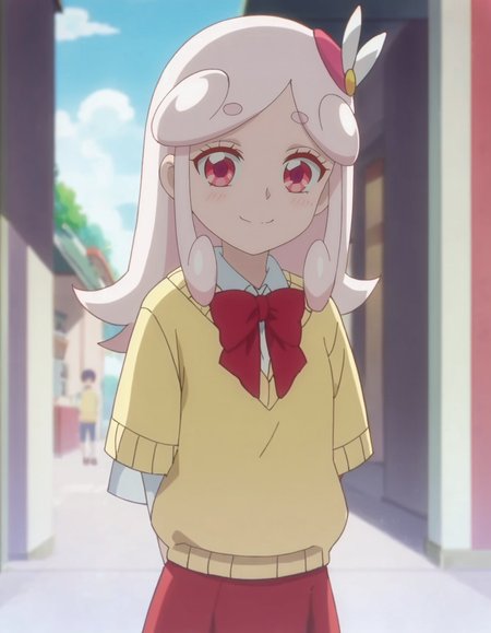 score_9, score_8_up, score_7_up, anime screencap, solo,1girl,kaguyahp, red skirt, yellow sweater,hair ornament,  bow, school uniform,looking at viewer,cowboy shot,small breasts,smile,blush<lora:kaguyahp_pony:0.8>