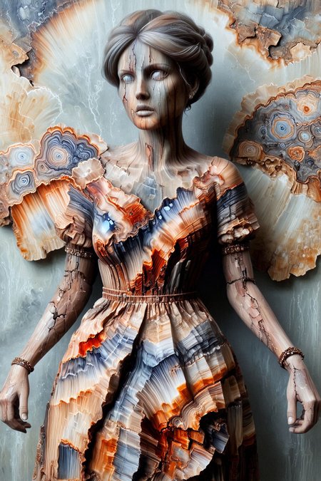 a painting of a woman in a dress with dons and don's dont dont doughs on it  
,<lora:PetrifiedWood_SDXL:01.85> Petrified Wood
 <lora:aidma-Image Upgrader-v0.1:0.45> max details,
