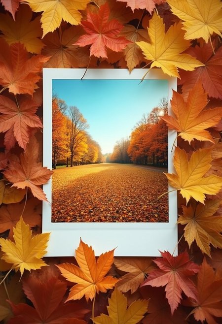 A high-quality,professional photo of a highly detailed depiction that captures the essence of autumn. The image features a large, square-shaped polaroid-style photo framed against a rich background of vibrant fall leaves. The leaves are shades of bright orange, yellow, and golden brown, covering the entire frame, creating a warm and cozy atmosphere. Inside the polaroid, a serene autumn landscape is shown, featuring an open field of fallen leaves, bordered by tall, colorful trees with autumn foliage in full display. The clear blue sky above adds contrast to the warm tones of the image. The composition creates a sense of nostalgia and beauty, with the crispness of the polaroid photo standing out against the softer, surrounding leaves