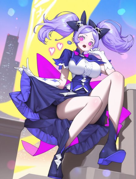 1girl,Lanmei haoxiongdi,<lora:lanmeinoob-000014:1>,
character focus,(artist:reoen:0.826446),(artist:ningen_mame:0.9),twintails,purple hair,pink eyes,solo,perfect face,bedutiful eyes,magical girl,bow,gloves,white gloves,boots,purple bow,dress,skull hair ornament,looking at viewer,hair ornament,large breasts,black bow,black footwear,hair bow,heart,dress,
day,looking at viewer,open mouth,outdoors,sky,city,night,building,ccity,city lights,cityscape,depth of field,evening,gradient sky,lens flare,rooftop,sky,skyline,skyscraper,
newest,masterpiece,best quality,highres,absurdres,