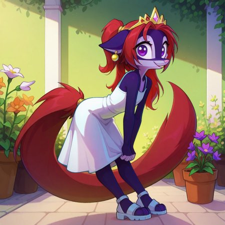 Dreamkeepers,Indi_and_Digo,1girl,solo,furry,tail,source_furry,,red hair,purple fur, purple eyes,
masterpiece, child, kid, 
masterpiece, best quality,  long hair, sidelocks,  gold tiara, earrings, sundress, spaghetti straps, leaning forward, sandals, looking at viewer,, smile, holding flowers, garden, flower pot