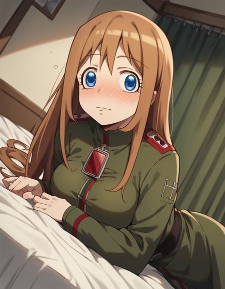 score_9, score_8_up, score_7_up, source_anime, <lora:viktoria-ivanovna-serebryakov-anime-ponyxl-lora-nochekaiser:1>, viktoria ivanovna serebryakov, long hair, blue eyes, brown hair, large breasts,, uniform, military, military uniform,, indoors, bed, bed room, on side, blush, drunk, looking at viewer, solo,, cowboy shot, dutch angle
