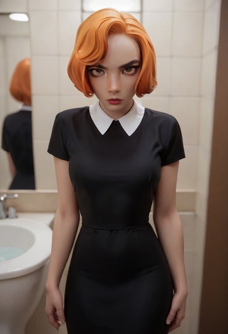 score 9, score_8_up, score_7_up, 1girl, attractive, sexy, solo, bethh, cowboy shot, looking at viewer, black dress, collared dress, bethhb, orange hair, makeup, in bathroom