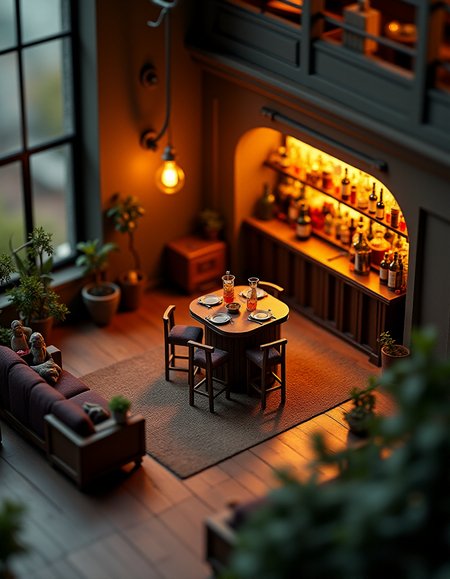 (indoor,very wide isometric view,tilt-shift lens:1.6), (miniature,diorama,no_realistic,no_photo:2) of (stasis _chamber:1.5), cocktail bar