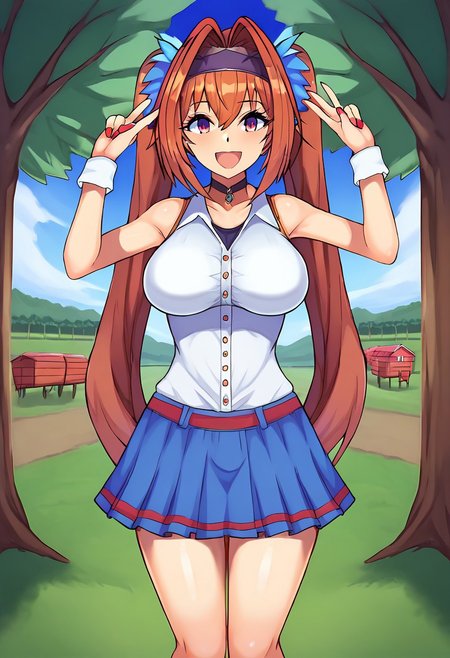 score_9, score_7_up,
solo, 1girl, looking at viewer, smile, open mouth, daiwa_scarlet,, 
w arms,
nature, outdoors, farm, crop field, day,