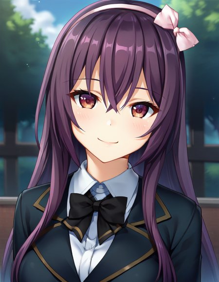 score_9,score_8_up,score_7_up,score_6_up BREAK official art,solo,outdoors,upper body,(portrait:1.5),looking at viewer,facing viewer,smile,blush,very long hair,purple hair,hairband,hair bow,white bow,sidelocks,hair between eyes,bangs,brown eyes,school uniform,black jacket,black bowtie,collared shirt,white shirt,dress shirt,long sleeves,large breasts,miniskirt,black skirt,pleated skirt,zettai ryouiki,black thighhighs,loafers,<lora:Amase Manami(cyr)-Pony:1.6>,