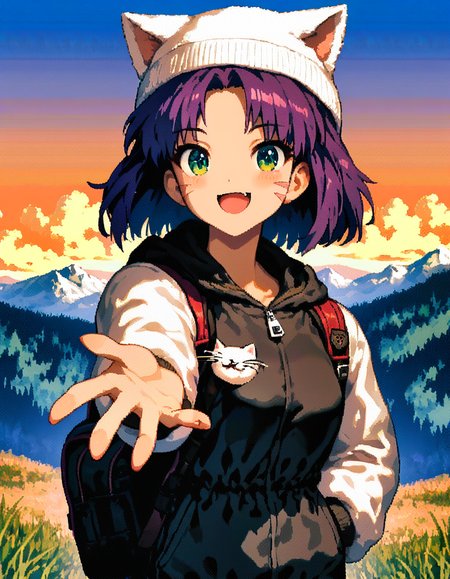 score_9, score_8_up, score_7_up, score_6_up, score_5_up, score_4_up, BREAK expressive facial expression 1girl, solo, looking at viewer, smile, open mouth, short hair, shirt, long sleeves, hat, holding, animal ears, green eyes, jacket, purple hair, :d, outdoors, sky, day, cloud, cat ears, bag, blue sky, white headwear, facial mark, backpack, reaching, mountain, beanie, reaching towards viewer, animal hat, whiskers, cat hat, animal ear headwear