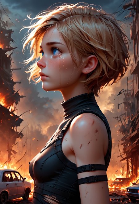 1girl, Masterpiece, 4k, ultra high detail, score_9, score_8_up, score_8, petite, medium breast, short blonde hair, fcNeg, stunning blue eyes, freckles, white skin, small nose, innocent beauty, slim face,  skinny petite body, 
Torn sport clothes
Dark sky, burning sky, nighttime, night, 
Fear in her eyes, crying, 
Sideview,  Apocalyptic scene, burning skyscraper, burning city, derstroyed cars, a huge asteroid swarm in the sky, 
Many asteroids in the sky, 
End of the World, 
negative_hand, NightScapes,