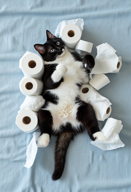 olor photograph featuring a black and white cat lying on its back on a light blue, textured fabric surface. The cat's fur is predominantly black with white patches on its chest, stomach, and face. It is surrounded by multiple rolls of white toilet paper, each roll placed strategically around its body. One roll is positioned near its head, another near its front legs, and two more rolls are placed near its hind legs. The cat's tail is visible, curling slightly upwards. The background is plain and neutral, focusing all attention on the cat and its unusual arrangement of toilet paper. The texture of the cat's fur appears soft and fluffy, contrasting with the smooth, paper-like texture of the toilet paper. The lighting is even, providing clear visibility of the cat's features and the toilet paper rolls. The overall mood of the image is humorous and playful, capturing a whimsical and unexpected scene., <lora:aidmaImageUpraderv0.3:0.4>, aidmaimageupgrader, <lora:diffusion_pytorch_model:1>, <lora:aidmaMJ6.1_v0.5_3:0.7>, aidmaMJ6.1, ultra quality, ultra detailed, intricate details