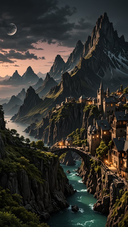 hyper realistic medium full shot photo of a (magical scenery), (oppulent , esthetic , masterful), poster art, bold lines, hyper detailed, expressive, award winning, dark limited color palette, high contrast, depth of field, (intricate details, masterpiece, best quality), fluorescent lighting, wide angle panoramic view, in the style of nicola samori