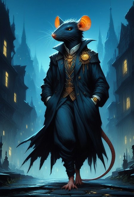 BREAK score_9, score_8_up, score_7_up,  night time, city, ominous, rat, top hat, cloak, smug, hands in pockets, gold ring, pocket watch, walking cane, full body shot, (tail: 1.5)
(masterpiece, best quality, ultra detailed, intricate details:1.2), (detailed face:1.1), (rat folk:1.5) <lora:RPGRatFolkXL:1>