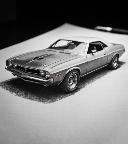 closeup photography of an ink sketch of an American 1960s muscle car. on construction paper. (intricate paper texture). (paper viewed at a low closeup angle). (dim angled light that highlights the texture of the thick construction paper). [[[chiaroscuro]]], 3d perspective, car looks like it's on top of the  paper