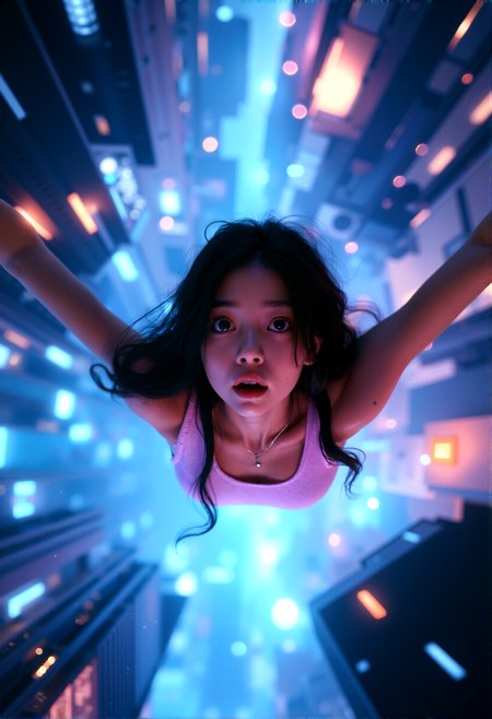 photorealistic photography
girl floating in a futuristic vortex of cityscape elements, dynamic perspective, glowing lights, intricate details, deep blue and purple tones, expressive and awe-struck eyes, ethereal and surreal atmosphere, highly detailed background, complex and immersive scene.  


cinematic lighting, extremely intricate detail character, accurate depiction of character, correct body anatomy, correct hands and fingers, extremely intricate skin and facial texture detail, design,lifelike potrayal, extrememly realistic lighting, extreme dynamic pose, sfw, fully clothes, sharp background detail, wide shot










