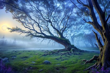 (masterpiece:1.2), (best quality,:1.2), 8k, HDR, ultra detailed, ((photorealistic)), professional light, cinematic lighting, fashion photography, ambient lighting, face lighting, OverallDetail, fhanddetail, ffacedetail, <lora:detail_slider_v4:4.>, a huge dead tree in a clearing in a magical forest, black leaves, spiderwebs, night, darkness, fog, moonlight through the trees, FanFo, <lora:FantasyForest-10:1>, epiCPhoto