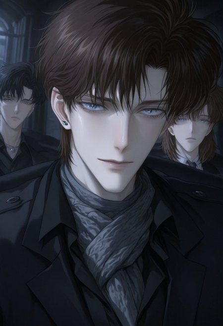 Realistic facial features, detailed features, well-defined features, semi-realistic style, painted style, detailed style, solo, anime style, minimalism, (beautiful face), adult male style, short hair, mature ikemen, [pointy chin], (beautiful eyes), Caucasian, sharp chin and jawline, realistic facial features, realistic features, defined features, [[mamoru_chiba]], handsome anime guy, piercing blue eyes, bangs, detailed hair, ikemenboys, semi-realistic, [2D], attractive features, [masculine], dark colours, dark lighting, sitting, sitting down, dark hair color, silvery strands of hair, brown hair, 
detail hair, detail eyes, medium hair, [[weak man]], [frail], narrow features, [[DILF]], overdressed, [scarf], [subtle stubble], attractive, [popular guy], (oval face), long face, [blue eyes], detailed inner cheeks, sunken in cheeks, guy with strong cheekbones, [frail guy], [dreamy], [princely], detail face, detail background, beautiful blue eyes, skinny guy, medium hair, thin, small mouth, thin lips, handsome ikemen, perfect eyes, light blue eyes, dark brown hair, white guy, pale skin, [gaunt appearance], perfect face, handsome face, streaks of grey hairs, darker hair, manly face,