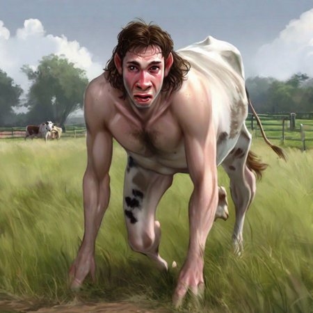 .1man,24 years old,(brown hair,(long hair),wavy hair),handsome,(transformation,species transformation:0.6) into (cow),feral transformation,embarrassed,realistic,full body shot,body horror,(cow hooves),man morphing into cow,embarrassed,human eyes,human forehead,(((human face))),(cow nose),on all fours,quadruped,(((cow fur))),field background,