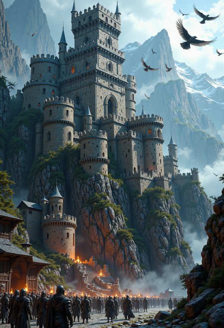 A majestic stone castle rises from the misty mountainside, its towers and turrets reaching towards the sky like shards of splintered stone. The castle's walls are adorned with intricate carvings and frescoes, depicting scenes of mythological creatures and ancient battles. In the foreground, a group of brave warriors gather at the castle gates, their armor shining in the flickering torchlight as they prepare to defend the realm against an impending darkness. Above, a flock of birds soar through the sky, their wings beating in unison as they carry the prayers of the people to the gods.

r3alisticf, mythp0rt