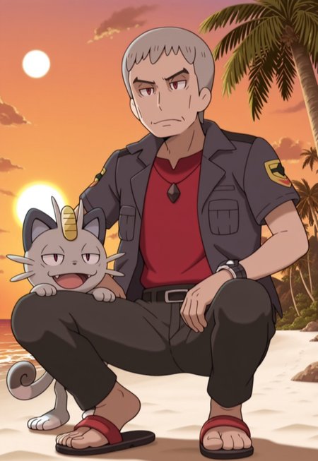 solo, masterpiece, modern, new, 1boy, male, masculine face, daddy looking face,

PokemonNanu, grey hair, red shirt, black jacket, necklace, red eyes, pants, sandals, beach, alolan meowth (pokemon), sun, palm tree