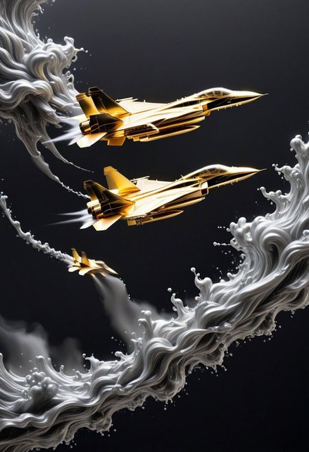 GOLD LIQUID METAL jet fighters, racing through SILVER LIQUID METAL clouds, liquid metal sprays from there jets, flying through a black void