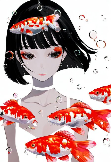 1girl, fish, goldfish, solo, short hair, black hair, white background, koi, bob cut, bangs, bubble, simple background, upper body, choker, makeup, white choker, parted lips, collarbone, blunt bangs, black eyes, air bubble <lora:LAMXL_NBVP1_lokr_V6311PZ:0.95>