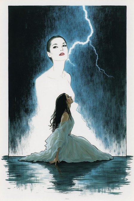 regr1 sketch. 
Shot from the side, surreal, overhead shot of a a woman with long, dark hair, kneeling on a reflective, wet surface under intense rain and lightning. She wears a flowing, white dress. she gazes forward with an intense, almost sorrowful expression. Behind her, a massive screen displays a haunting image of the same woman, layered with flashes of lightning, adding a surreal, dreamlike quality.
The background is stark white.
 <lora:regr2_fashion_nocap_d6a3:1.0><lora:807667221611572364:0>