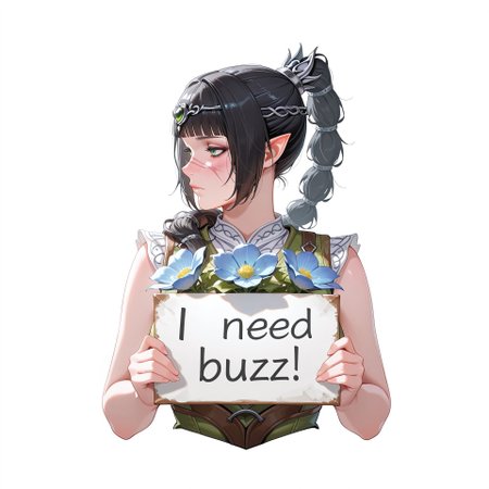 score_9, score_8_up, score_7_up, score_6_up, anime, beautiful, stunning, masterpiece, best quality, amazing quality,

need_buzz, holding sign
shadowheart (baldur's gate), elf, long hair, green eyes, black hair, pointy ears, multi-tied hair,  scar on face, ponytail,
1girl, solo, pointy ears, flower, long hair, white background, holding blue flower, straight-on, simple background, braid, braided ponytail, upper body, cropped torso, profile, breasts, blunt bangs, sleeveless, closed mouth, shirt
