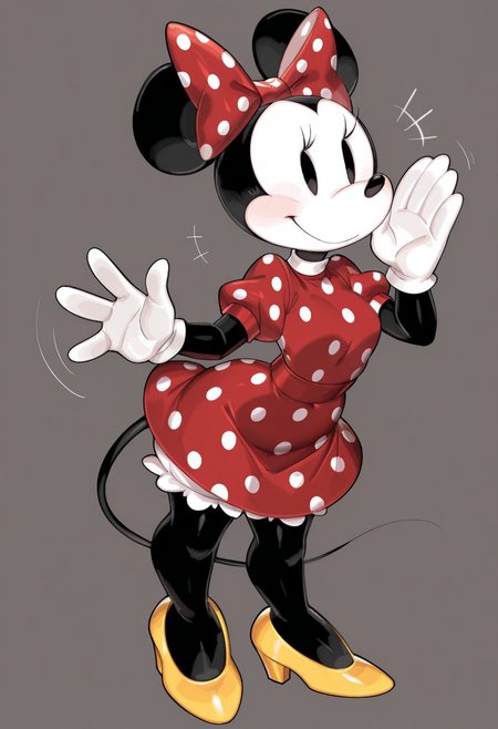 USA37107692, masterpiece, best quality, amazing quality, very aesthetic, absurdres, newest, extreme detail, 8k, detailed eyes, ((solo:1.2)), ((1girl)), minniemouse, mouse ears, mouse tail, black skin, black eyes, dot eyes, white face, white gloves, red dress, red bow, polka dot dress, polka dot bow, white bloomers, yellow stiletto heels, standing, waving with one hand, looking at viewer, smile