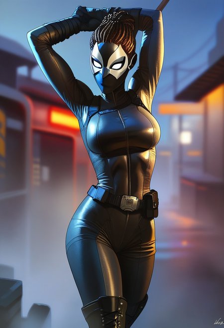 score_9, score_8_up, score_7_up, score_6_up, score_5_up, 1girl, African, Africanmask,
modern  mask, 
BlackPanther, Shuri, Marvel, white eyes, no pupils, black leotard, high leg leotard, black gloves, black boots, thigh high boots, mask, black mask, covered face, no mouth, large breasts, perky breasts, 
BP_shuri, dreadlocks, bun, spear, futuristic outfit, belt, combat suit, 
in urban environment, black bodysuit, at night, stretching,