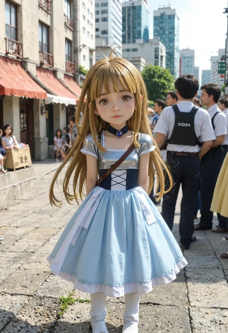 <lora:Hyper-SDXL-8steps-lora:1> <lora:Fixhands_anime_bdsqlsz_V1:1> zPDXL2, score_9, score_8_up, score_7_up, source_anime, intricate details, perfect anatomy BREAK
outdoors, city, tokyo, japan, audience, crowd, standing, arched back, arms behind back, looking at viewer, form side ,  head tilt, Relieved, Mouth turned up slightly, eyes wide open, and a relaxed jaw., 1girl, solo, solo focus, 
<lora:driland-mikoto_XL(pony)v10:1> (chibi:0.6), driland-mikoto, blonde hair, long hair, brown eyes, driland-mikoto outfit, armored dress, breastplate, detached sleeves, blue skirt, white boots,